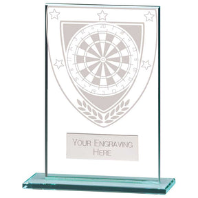 Personalised clear glass darts award with engraved plate and darts design on a polished glass base
