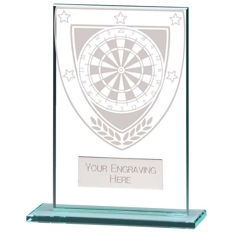 Personalised clear glass darts award with engraved plate and darts design on a polished glass base
