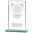 Personalised clear glass darts award with engraved plate and darts design on a polished glass base
