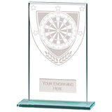 Personalised clear glass darts award with engraved plate and darts design on a polished glass base
