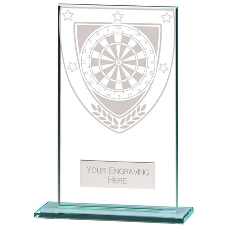 Personalised clear glass darts award with engraved plate and darts design on a polished glass base