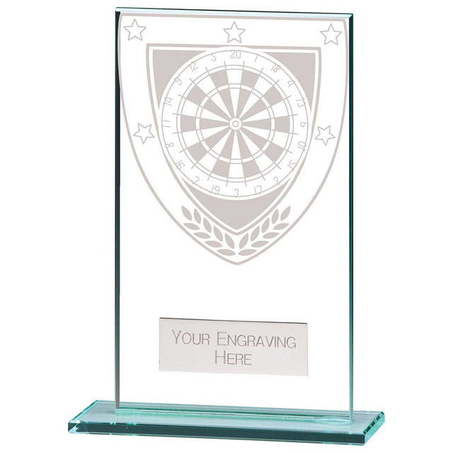 Personalised clear glass darts award with engraved plate and darts design on a polished glass base
