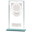 Personalised clear glass darts award with engraved plate and darts design on a polished glass base