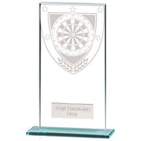 Personalised clear glass darts award with engraved plate and darts design on a polished glass base