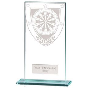 Personalised clear glass darts award with engraved plate and darts design on a polished glass base