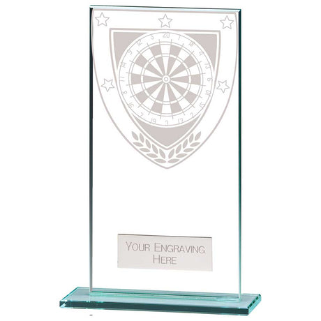 Personalised clear glass darts award with engraved plate and darts design on a polished glass base