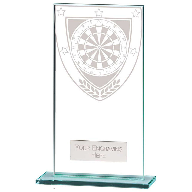 Personalised clear glass darts award with engraved plate and darts design on a polished glass base