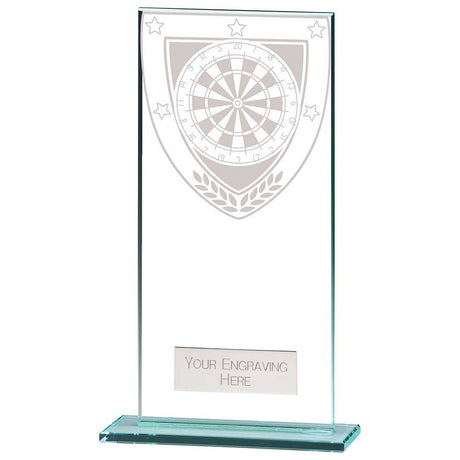 Personalised clear glass darts award with engraved plate and darts design on a polished glass base