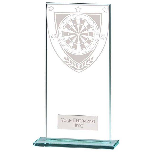 Personalised clear glass darts award with engraved plate and darts design on a polished glass base