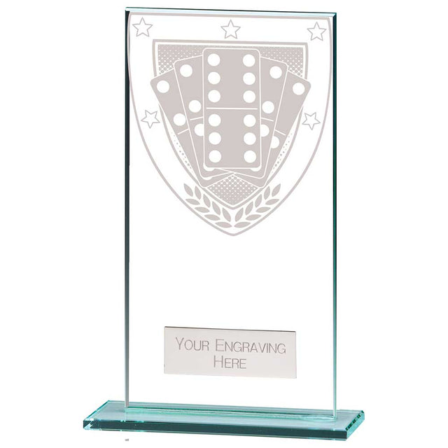 Premium clear glass domino award with frosted domino shield design and free personalised engraving