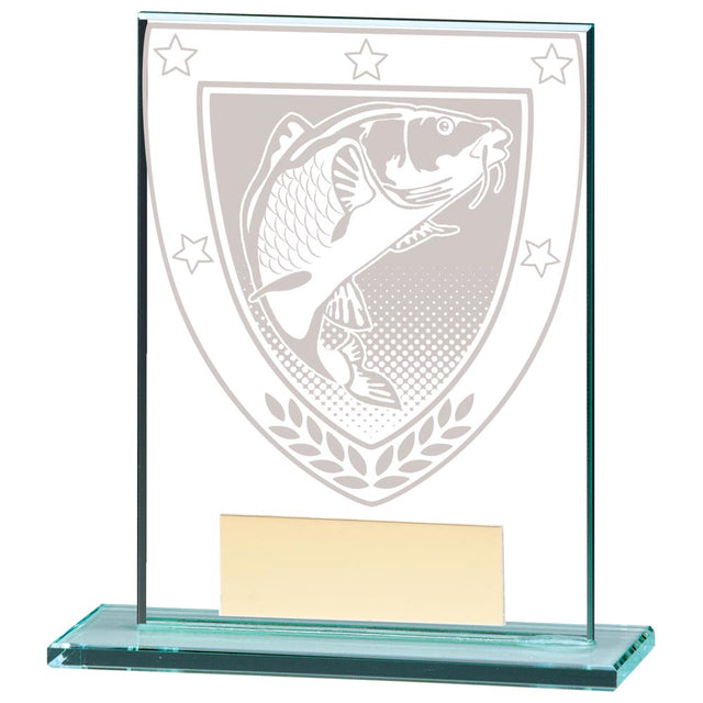 Clear glass fishing award with engraved fish design and free personalised engraving
