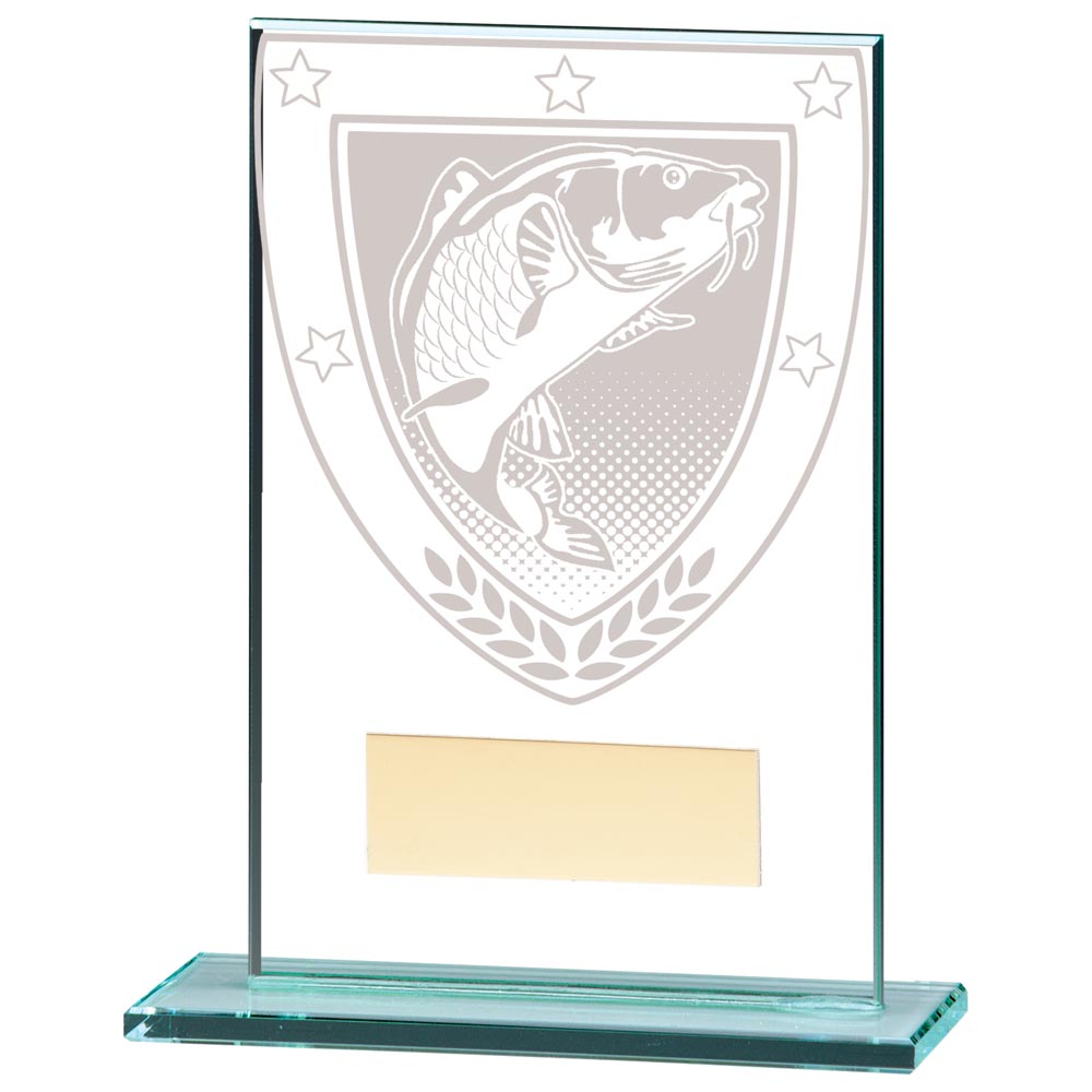 Clear glass fishing award with engraved fish design and free personalised engraving