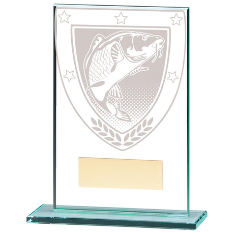 Clear glass fishing award with engraved fish design and free personalised engraving