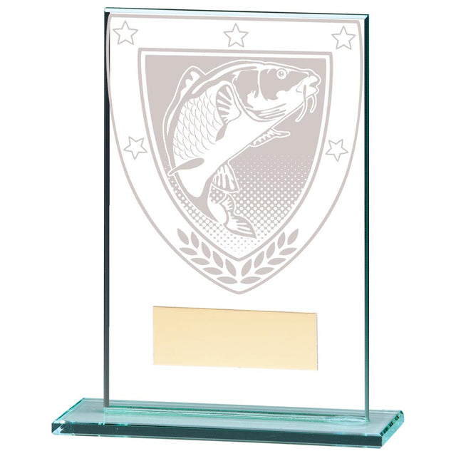 Clear glass fishing award with engraved fish design and free personalised engraving