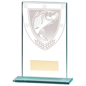 Clear glass fishing award with engraved fish design and free personalised engraving