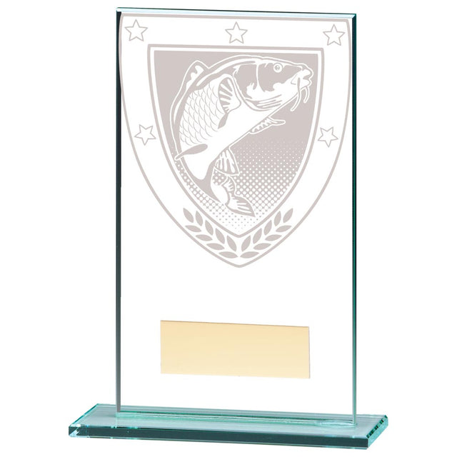 Clear glass fishing award with engraved fish design and free personalised engraving