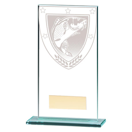 Clear glass fishing award with engraved fish design and free personalised engraving