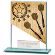 Personalised clear glass darts award with gold-effect darts motif, polished glass base and free engraved plate