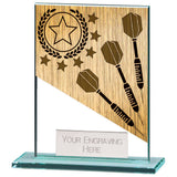 Personalised clear glass darts award with gold-effect darts motif, polished glass base and free engraved plate