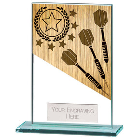 Personalised clear glass darts award with gold-effect darts motif, polished glass base and free engraved plate