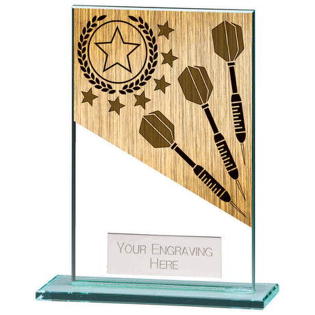 Personalised clear glass darts award with gold-effect darts motif, polished glass base and free engraved plate