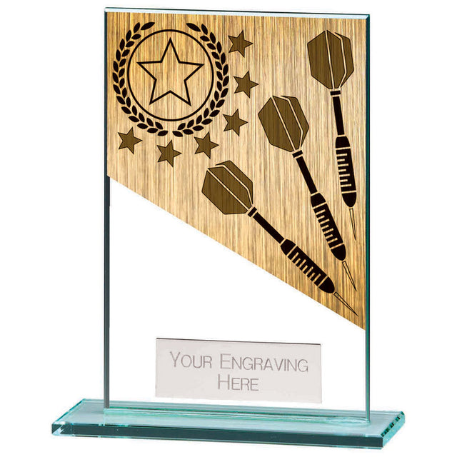 Personalised clear glass darts award with gold-effect darts motif, polished glass base and free engraved plate