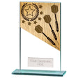 Personalised clear glass darts award with gold-effect darts motif, polished glass base and free engraved plate
