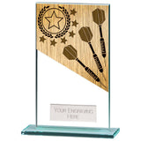 Personalised clear glass darts award with gold-effect darts motif, polished glass base and free engraved plate