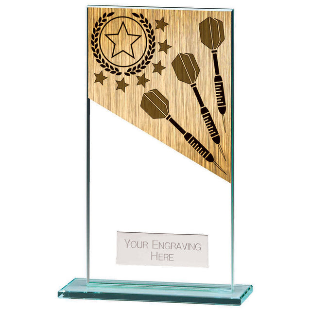 Personalised clear glass darts award with gold-effect darts motif, polished glass base and free engraved plate