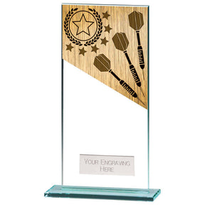 Personalised clear glass darts award with gold-effect darts motif, polished glass base and free engraved plate