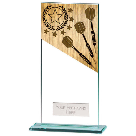 Personalised clear glass darts award with gold-effect darts motif, polished glass base and free engraved plate