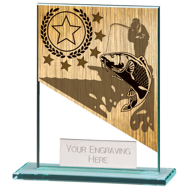 Mustang clear glass fishing award with angler and carp design and free personalised engraving