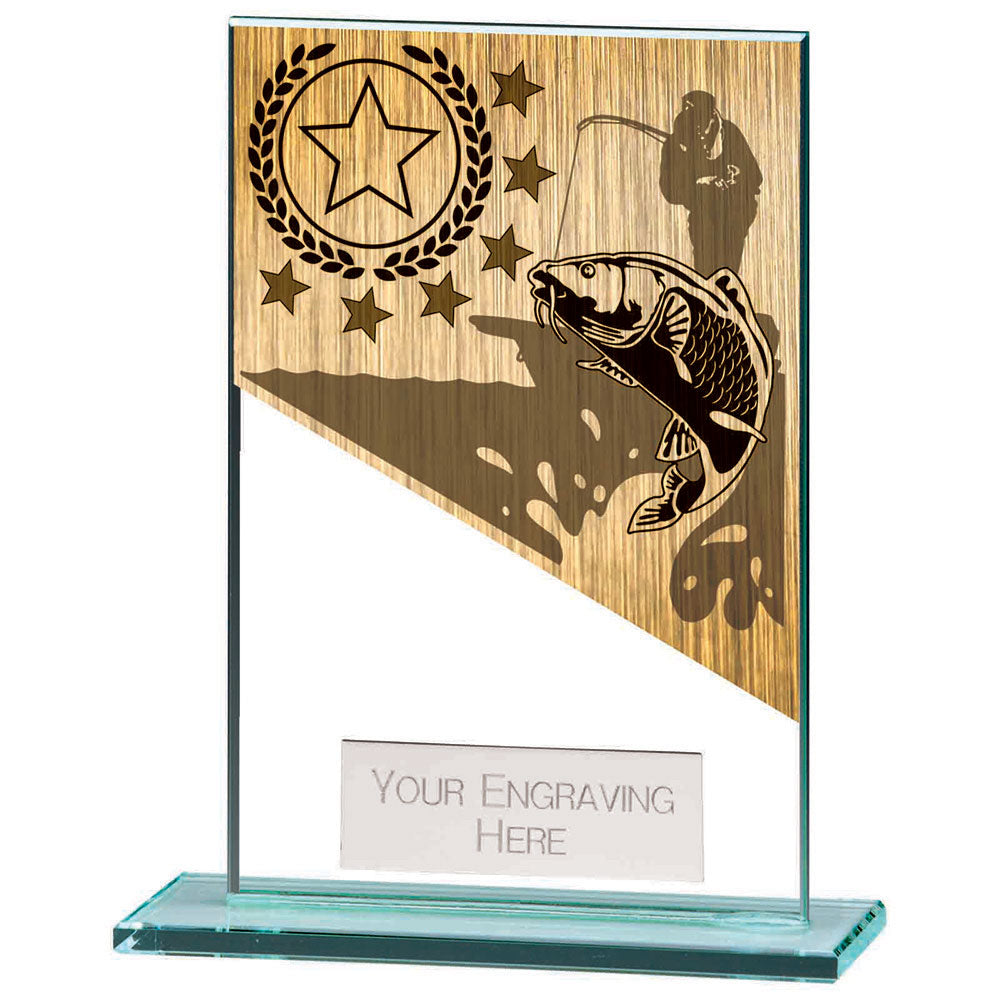 Mustang clear glass fishing award with angler and carp design and free personalised engraving