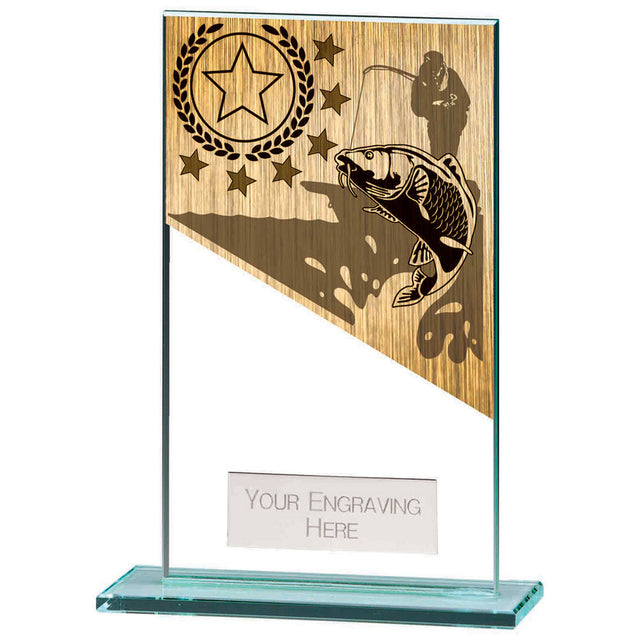 Mustang clear glass fishing award with angler and carp design and free personalised engraving