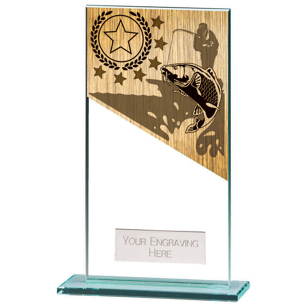 Mustang clear glass fishing award with angler and carp design and free personalised engraving
