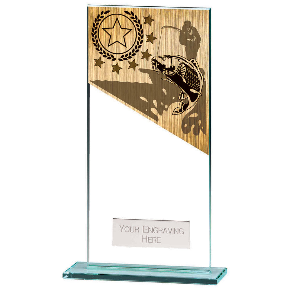 Mustang clear glass fishing award with angler and carp design and free personalised engraving