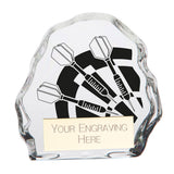 Personalised freeform clear glass darts award with engraved darts motif and free engraved plate