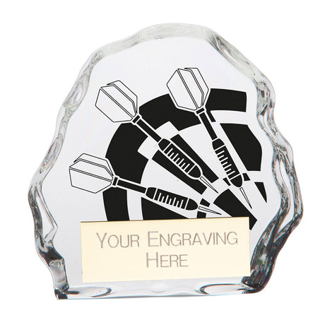 Personalised freeform clear glass darts award with engraved darts motif and free engraved plate
