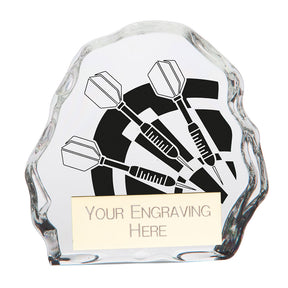 Personalised freeform clear glass darts award with engraved darts motif and free engraved plate