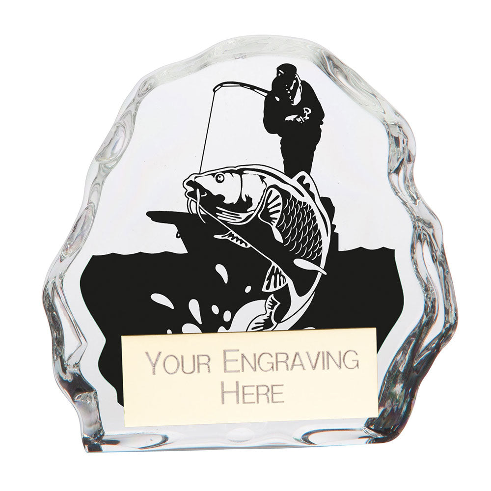 Small Mystique glass fishing award with engraved angler and carp design and free personalised engraving