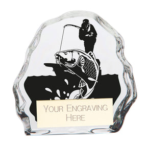 Small Mystique glass fishing award with engraved angler and carp design and free personalised engraving