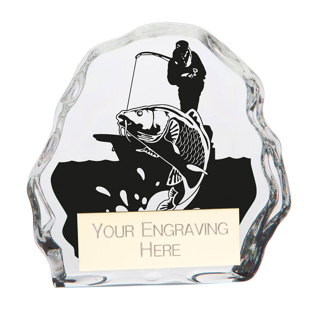 Small Mystique glass fishing award with engraved angler and carp design and free personalised engraving