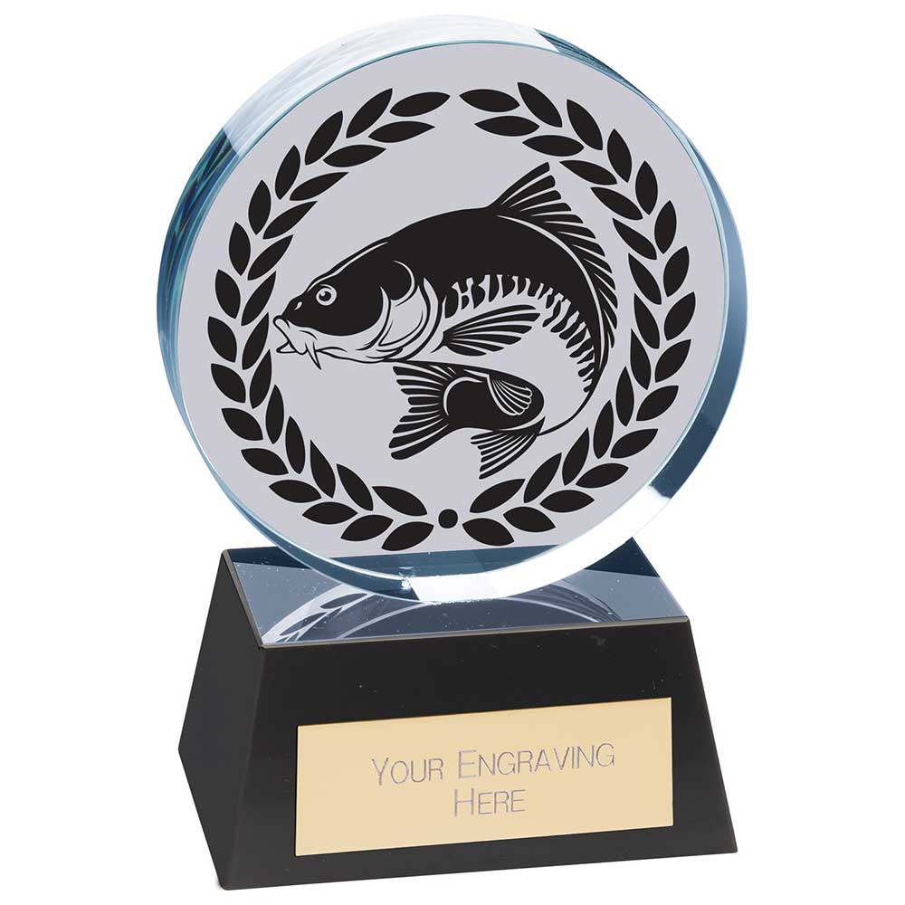 Crystal fishing award trophy with engraved fish design on black crystal base and free personalised engraving