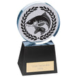Crystal fishing award trophy with engraved fish design on black crystal base and free personalised engraving