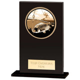 Black glass fishing award with engraved fishing design and free personalised engraving