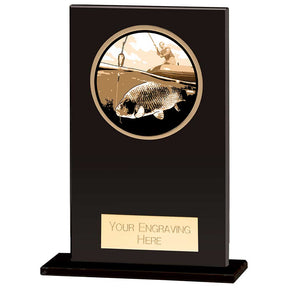 Black glass fishing award with engraved fishing design and free personalised engraving