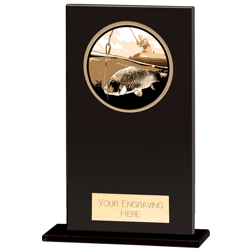 Black glass fishing award with engraved fishing design and free personalised engraving