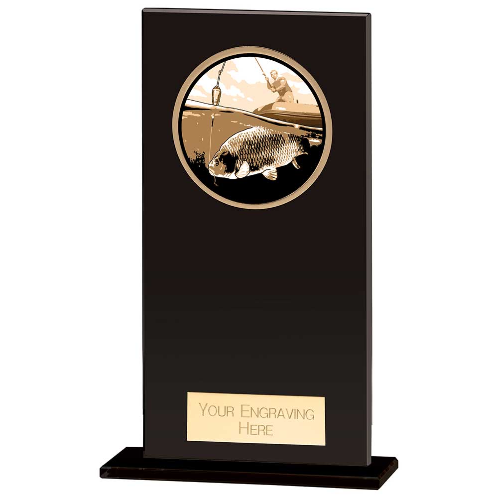 Black glass fishing award with engraved fishing design and free personalised engraving
