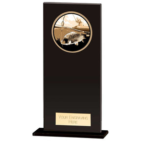 Black glass fishing award with engraved fishing design and free personalised engraving
