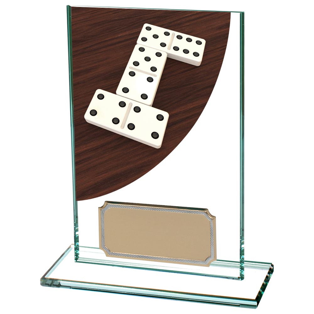 Personalised glass domino award with engraved plaque for domino league winners and tournament presentations